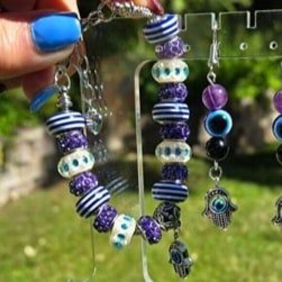 Hamsa Hand Evil Eye Gemstone Charm Earrings & Bracelet Set - Picture 8 of 10